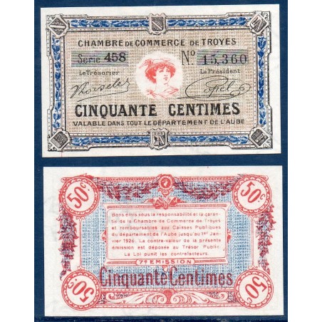 Troyes 50 centimes 7eme emission Neuf non daté Pirot 13  Billet de la chambre de Commerce