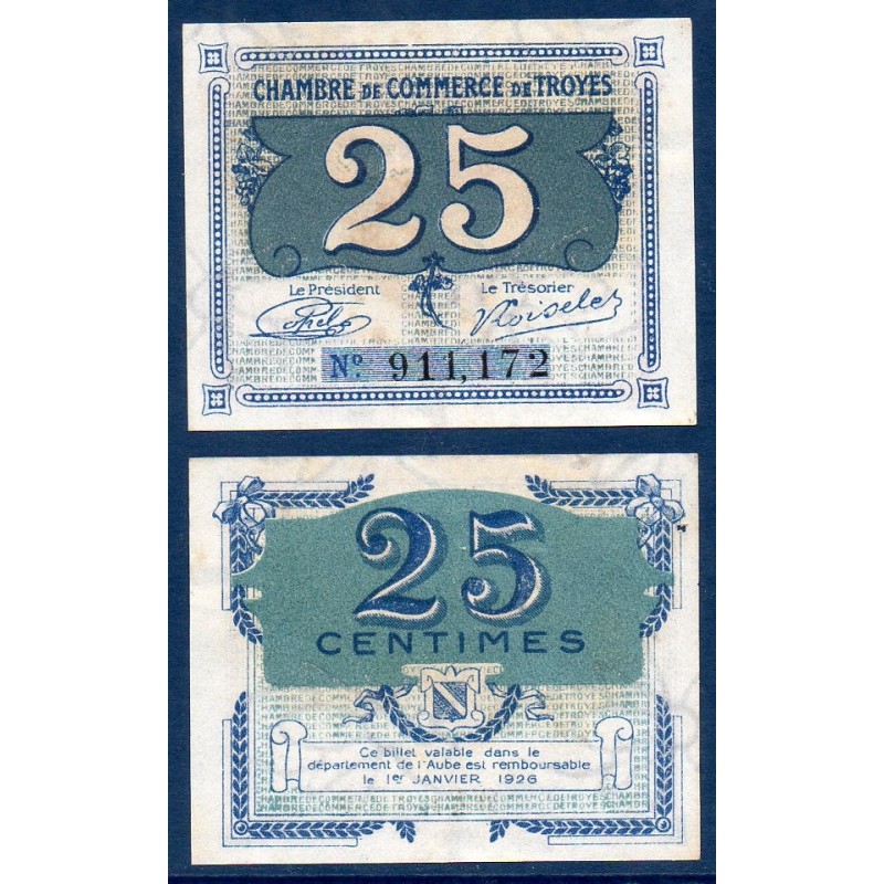 Troyes 25 centimes Sup 31.12.1925 Pirot 15 Billet de la chambre de Commerce