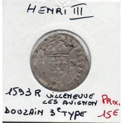 Douzain au 2 H 3eme type 1593 R Villeneuve Henri III  pièce de monnaie royale