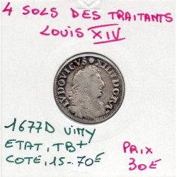 4 Sols des traitants 1677 D Lyon Louis XIV pièce de monnaie royale
