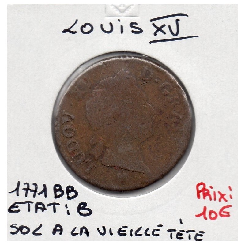 Sol à la vieille tête 1771 BB Strasbourg Louis XV pièce de monnaie royale
