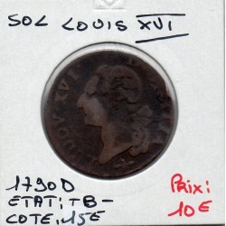 Sol 1790 D Lyon Louis XVI pièce de monnaie royale