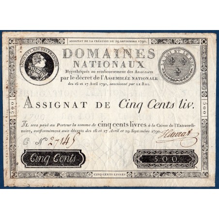 Assignat 500 livres 29.9.1790 TTB signature Haurat