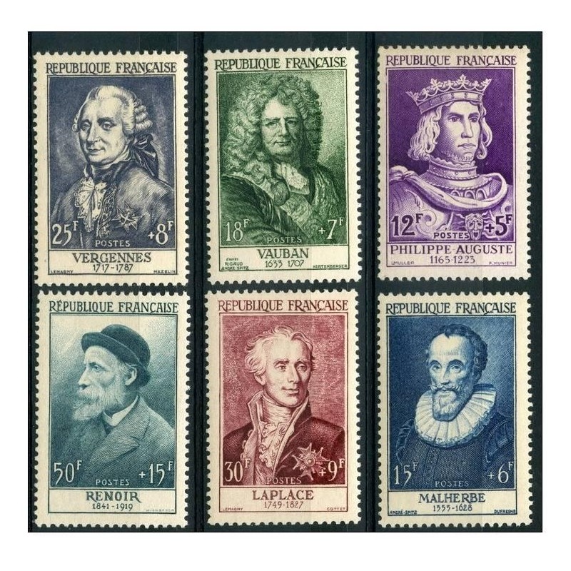 Timbre Yvert No 1027-1032 France Série Renoir, Série personnages Célébres du XIIe et XX e siècles