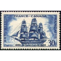 Timbre France Yvert No 1035 Frégate La Capricieuse,  centenaire de l'amitié franco-canadienne