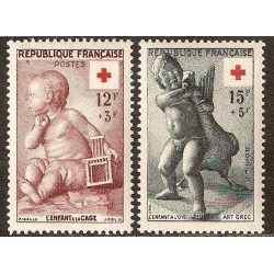 Timbre Yvert No 1048-1049 France Paire croix rouge