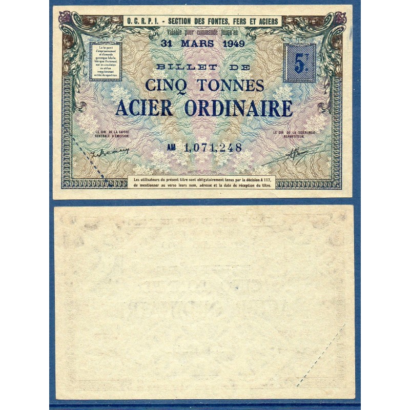 Billet de 5 tonnes d'acier Ordinaire SPL, 31 mars 1949 bon de matierre OCRPI