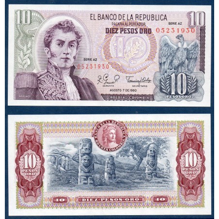 Colombie Pick N°407h, Billet de banque de 10 Pesos oro 1980