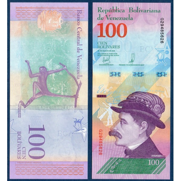 Venezuela Pick N°106b, Billet de banque de 100 Bolivares 3.2018