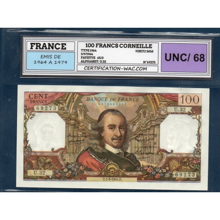 100 Francs Corneille Neuf UNC68 wac  3.9.1964  Billet de la banque de France
