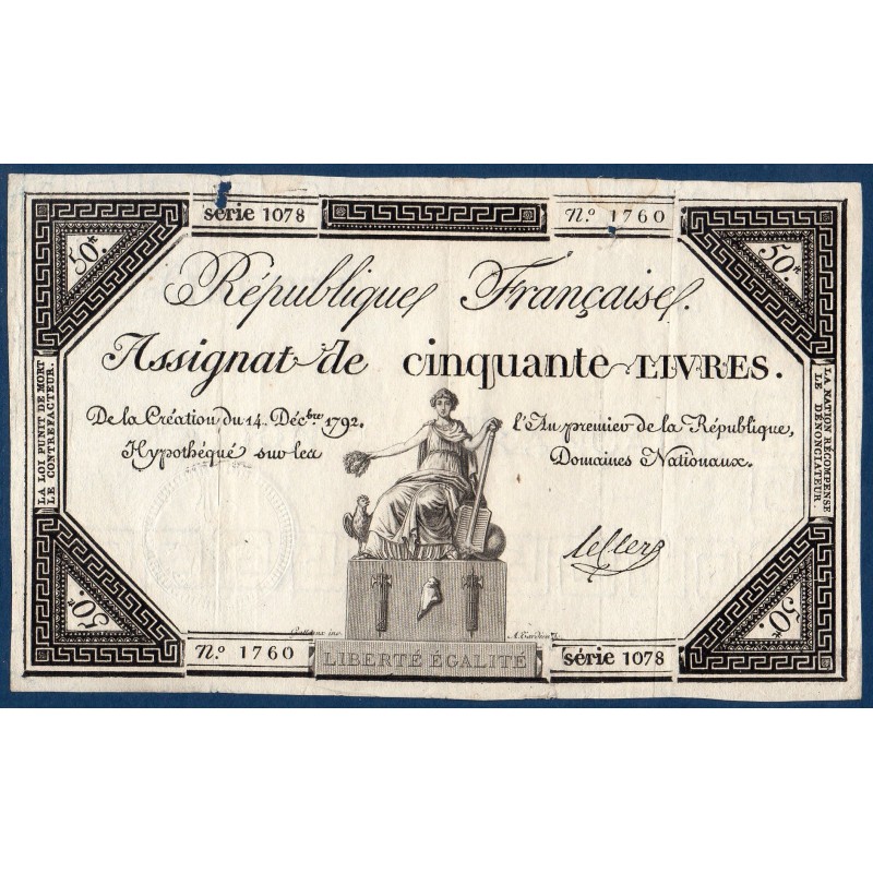 Assignat 50 livres 14.12.1792 TTB signature Leclerc