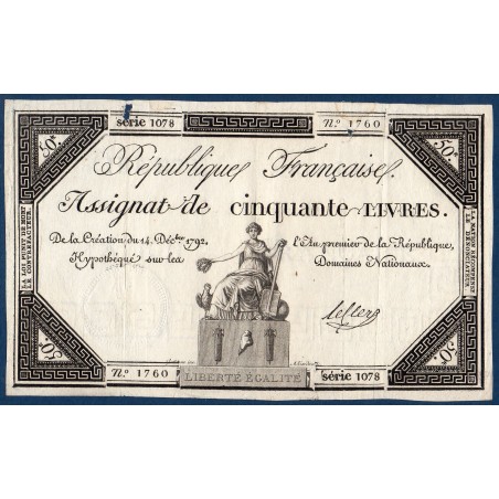 Assignat 50 livres 14.12.1792 TTB signature Leclerc