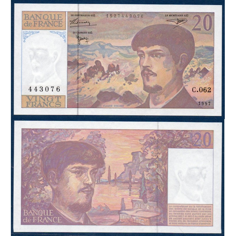 20 Francs Debussy TTB+ 1997 Billet de la banque de France