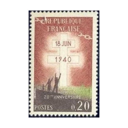 Timbre France Yvert No 1264 Appel du général de Gaulle 20e anniversaire