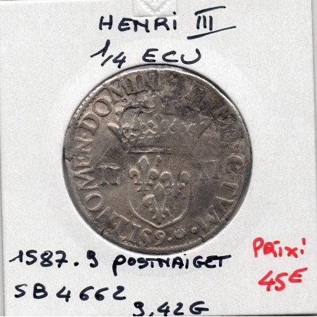 1/4 ou quart d'Ecu Croix de Face 1587 9 Rennes Henri III pièce de monnaie royale