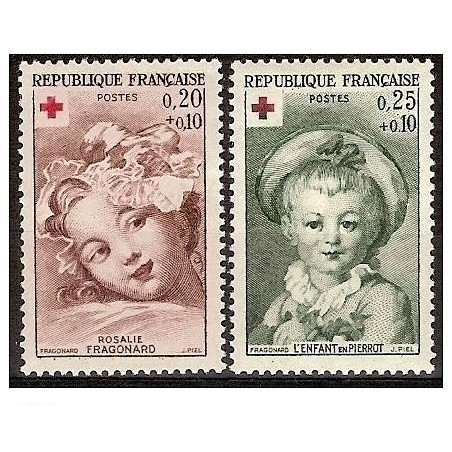 Timbre Yvert No 1366-1367 France paire croix rouge de Fragonard