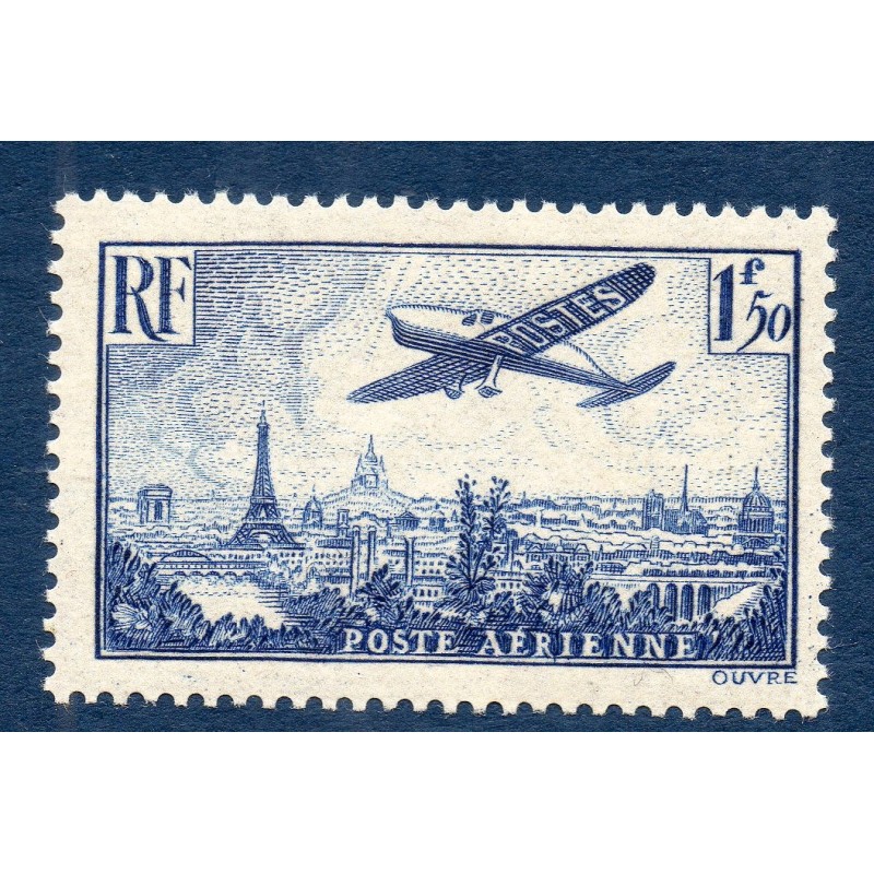 Timbre France Poste Aérienne Yvert 9 avion survolant Paris 1.50f bleu neuf **