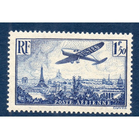 Timbre France Poste Aérienne Yvert 9 avion survolant Paris 1.50f bleu neuf **