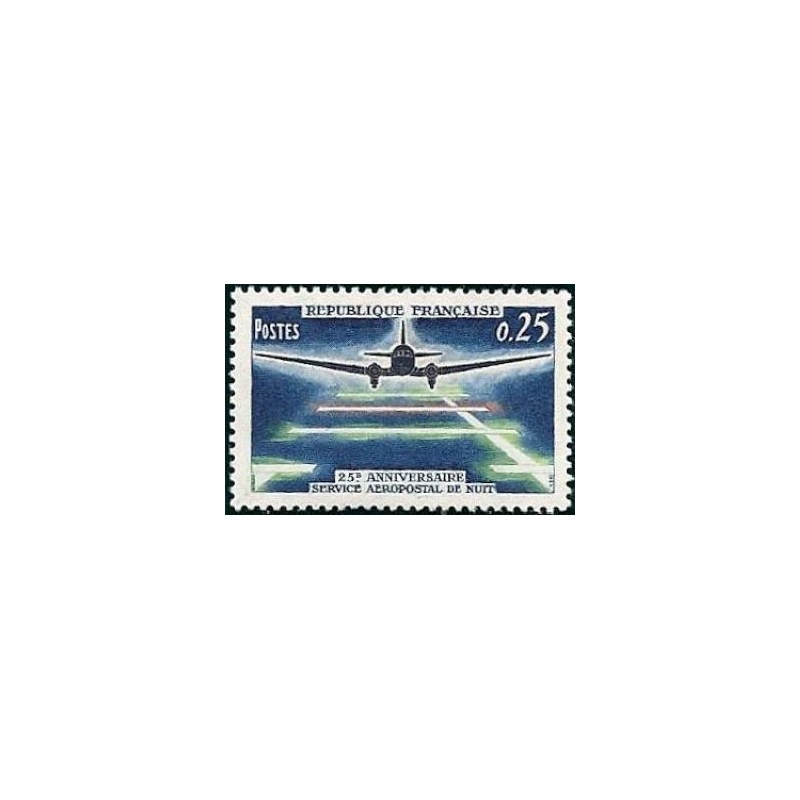 Timbre France Yvert No 1418 Aéropostale de nuit, 25e anniversaire Douglas DC 3