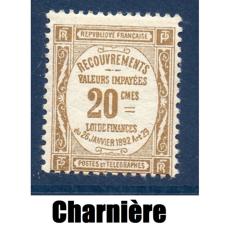 Timbre France Taxes Yvert 45 Type Recouvrement 20c Bistre neuf * avec charnière Timbre France Taxes Yvert 45 Type Recouvrement 20c Bistre neuf * avec charnière