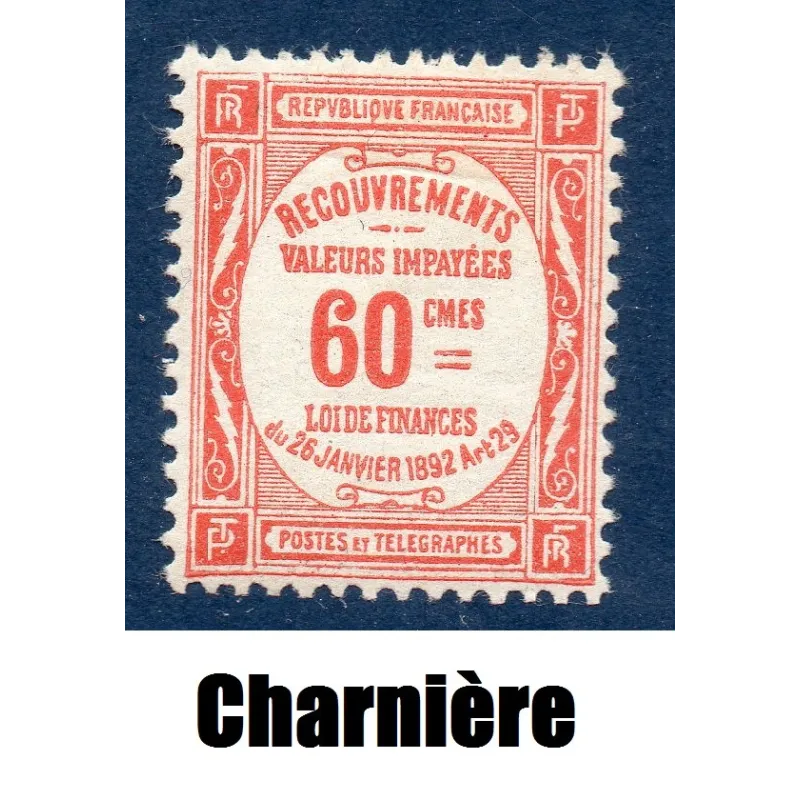 Timbre France Taxes Yvert 48 Type Recouvrement 60 Rouge neuf * avec charnière Timbre France Taxes Yvert 48 Type Recouvrement 60 Rouge neuf * avec charnière