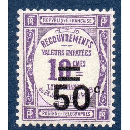 Timbre France Taxes Yvert 51 Type Recouvrement 50c sur 10c violet neuf **