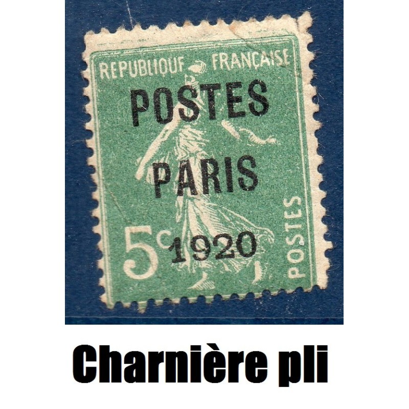 Timbre France Préoblitérés Yvert 24 semeuse poste Paris 1920 5c vert neuf * avec charnière