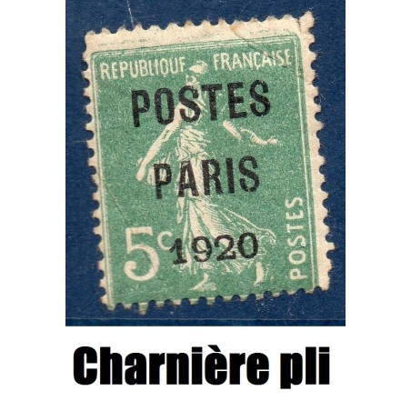 Timbre France Préoblitérés Yvert 24 semeuse poste Paris 1920 5c vert neuf * avec charnière