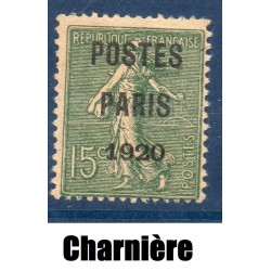 Timbre France Préoblitérés Yvert 25 semeuse poste Paris 1920 15c vert olive neuf * avec charnière