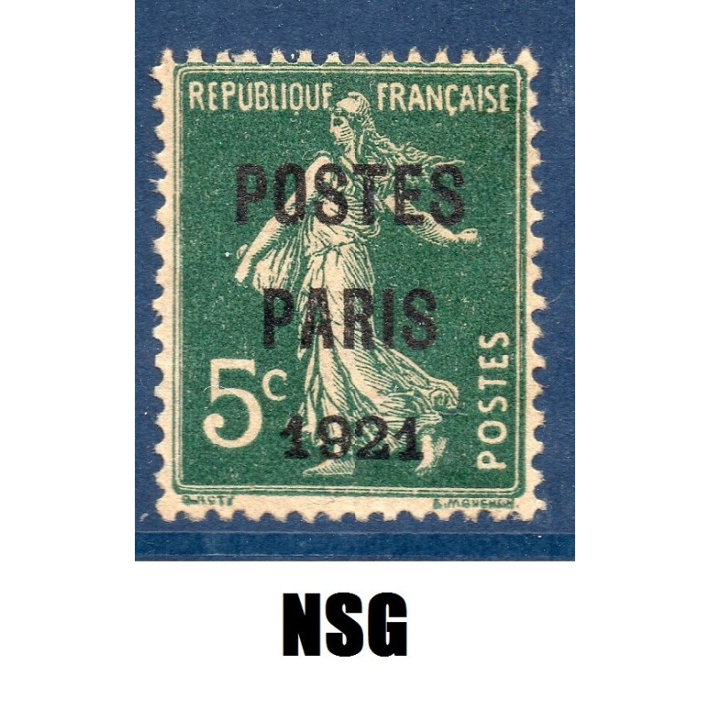 Timbre France Préoblitérés Yvert 26 semeuse poste Paris 1921 5c vert neuf sans gomme signé