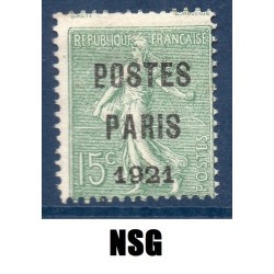 Timbre France Préoblitérés Yvert 28 semeuse poste Paris 1921 15c vert olive neuf sans gomme