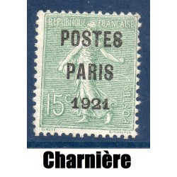 Timbre France Préoblitérés Yvert 28 semeuse poste Paris 1921 15c vert olive neuf * avec charnière