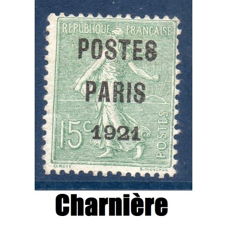 Timbre France Préoblitérés Yvert 28 semeuse poste Paris 1921 15c vert olive neuf * avec charnière