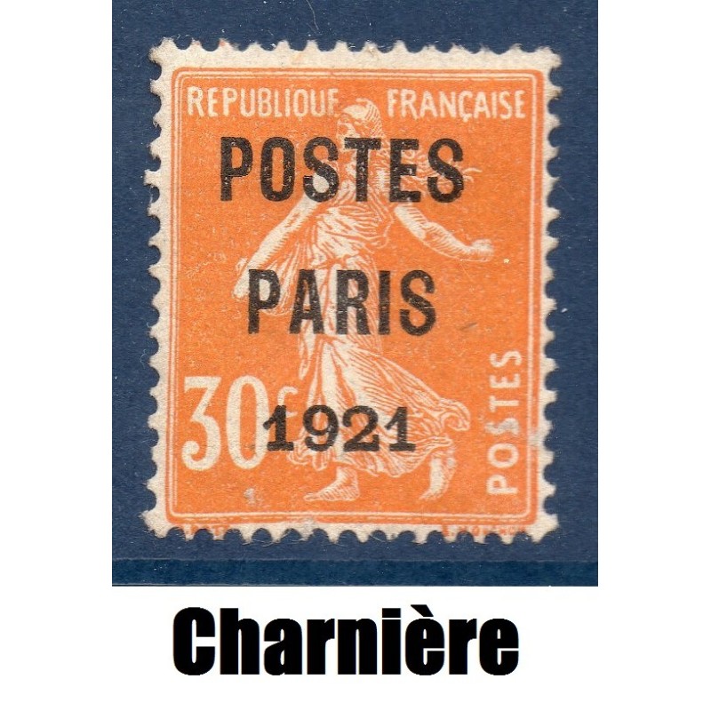 Timbre France Préoblitérés Yvert 29 semeuse poste Paris 1921 30c orange neuf * avec charnière