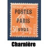 Timbre France Préoblitérés Yvert 29 semeuse poste Paris 1921 30c orange neuf * avec charnière