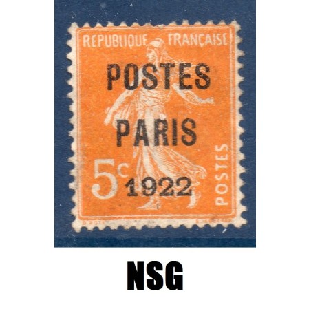 Timbre France Préoblitérés Yvert 30 semeuse poste Paris 1922 5c orange neuf sans gomme