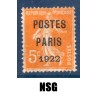 Timbre France Préoblitérés Yvert 30 semeuse poste Paris 1922 5c orange neuf sans gomme