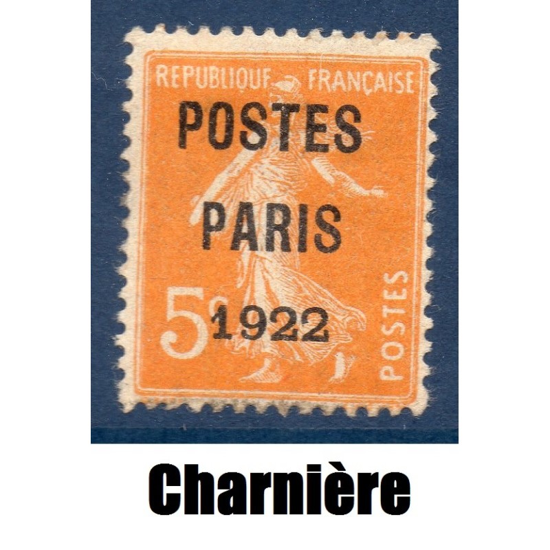 Timbre France Préoblitérés Yvert 30 semeuse poste Paris 1922 5c orange neuf  * avec charnière