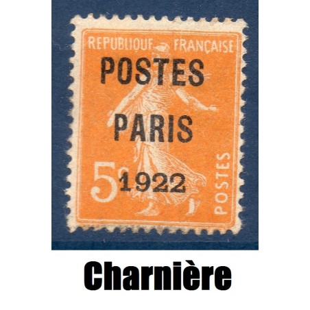 Timbre France Préoblitérés Yvert 30 semeuse poste Paris 1922 5c orange neuf * avec charnière