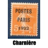 Timbre France Préoblitérés Yvert 30 semeuse poste Paris 1922 5c orange neuf * avec charnière