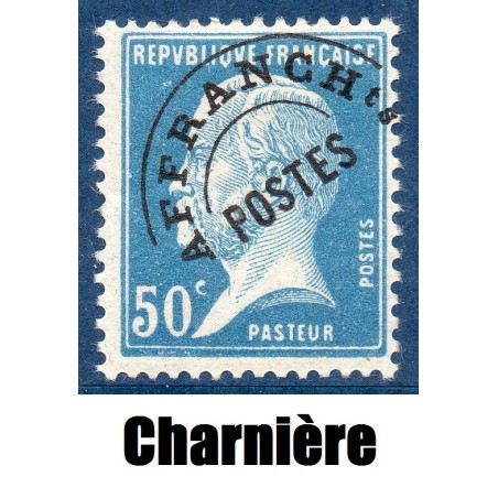 Timbre France Préoblitérés Yvert 68 Type Pasteur 50c bleu neuf * avec charnière