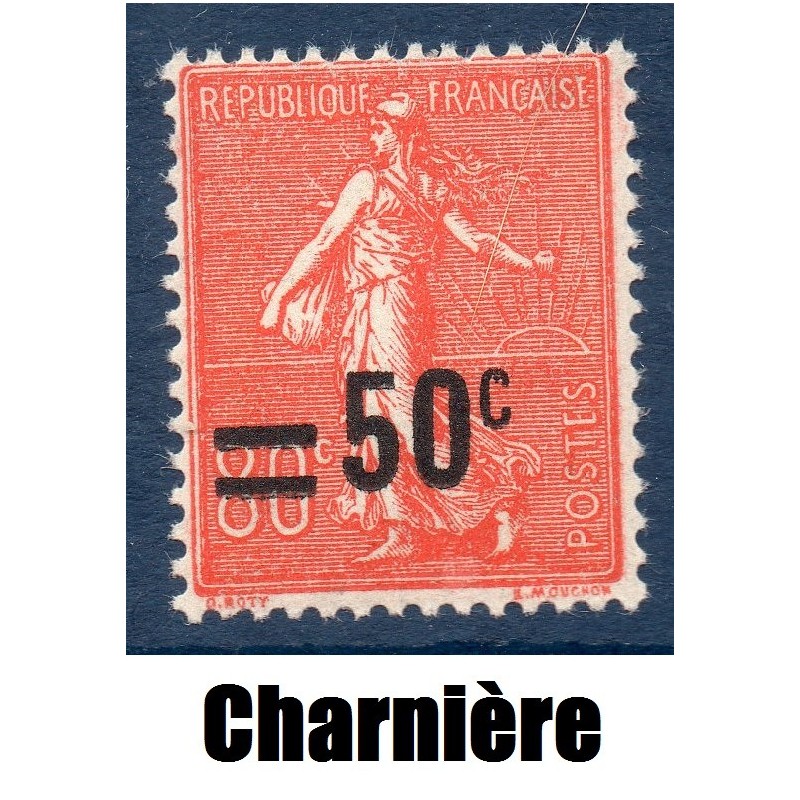 Timbre France Yvert No 220 Semeuse lignée surchargée Rouge neuf * avec trace de charnière