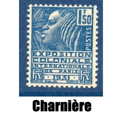 Timbre France Yvert No 273 Exposition coloniale Bleu neuf * avec trace de charnière