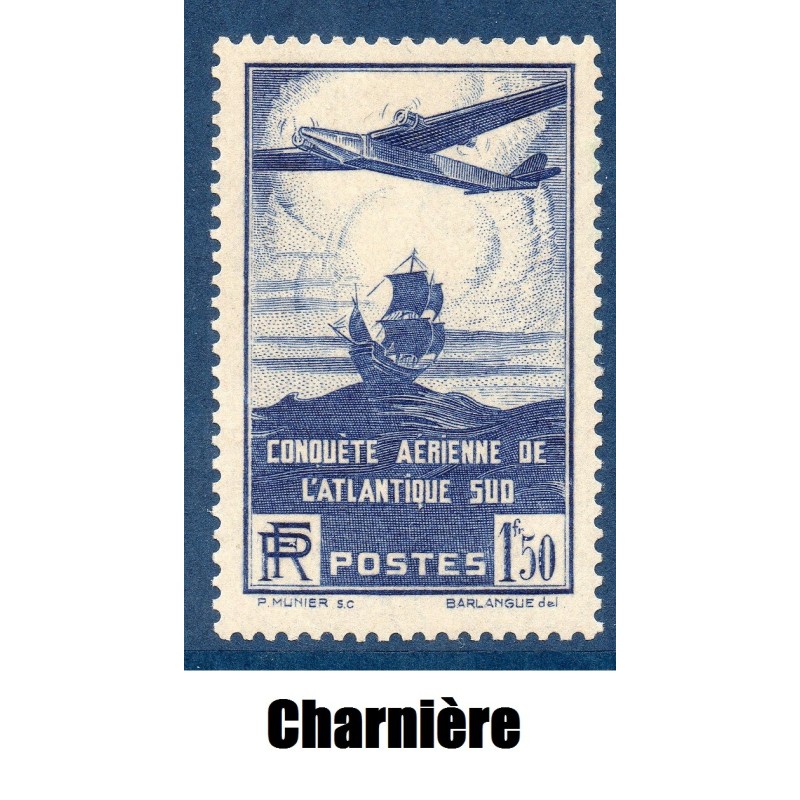 Timbre France Yvert No 320 Traversée de l'atlantique sud bleu neuf * avec trace de charnière