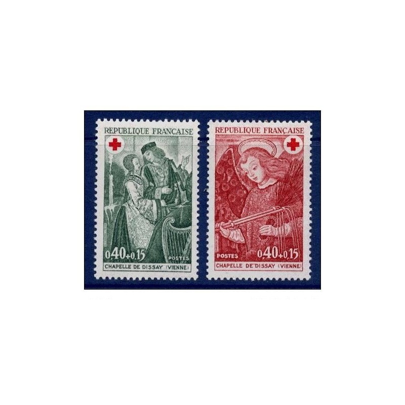 Timbre Yvert No 1661-1662 France, paire croix rouge, fresques de la chapelle de Dissay