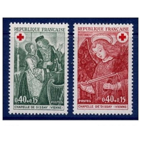 Timbre Yvert No 1661-1662 France, paire croix rouge, fresques de la chapelle de Dissay