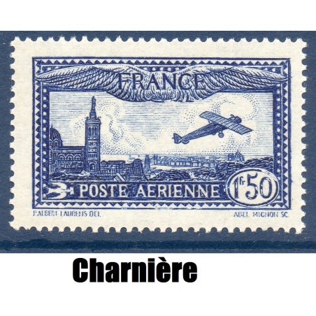 Timbre France Poste Aérienne Yvert 6 avion survolant Marseille bleu neuf * avec trace de charnière