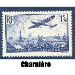 Timbre France Poste Aérienne Yvert 9 avion survolant Paris 1.50f bleu neuf * avec trace de charnière