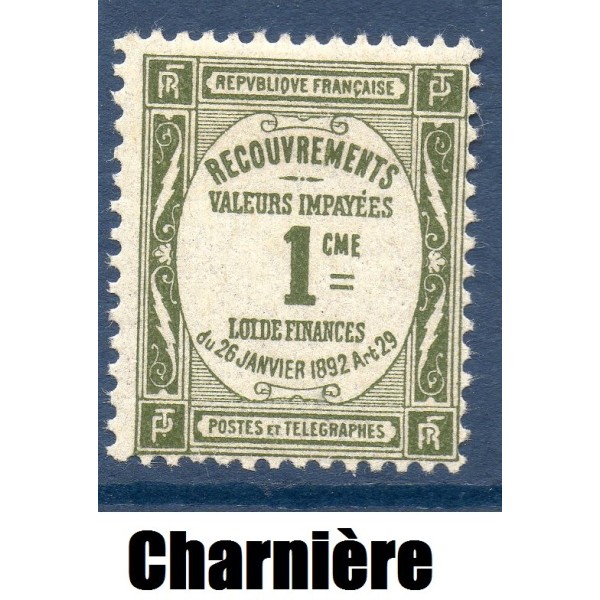 Timbre France Taxes Yvert 43 Type Recouvrement 1c Olive neuf * avec trace de charnière