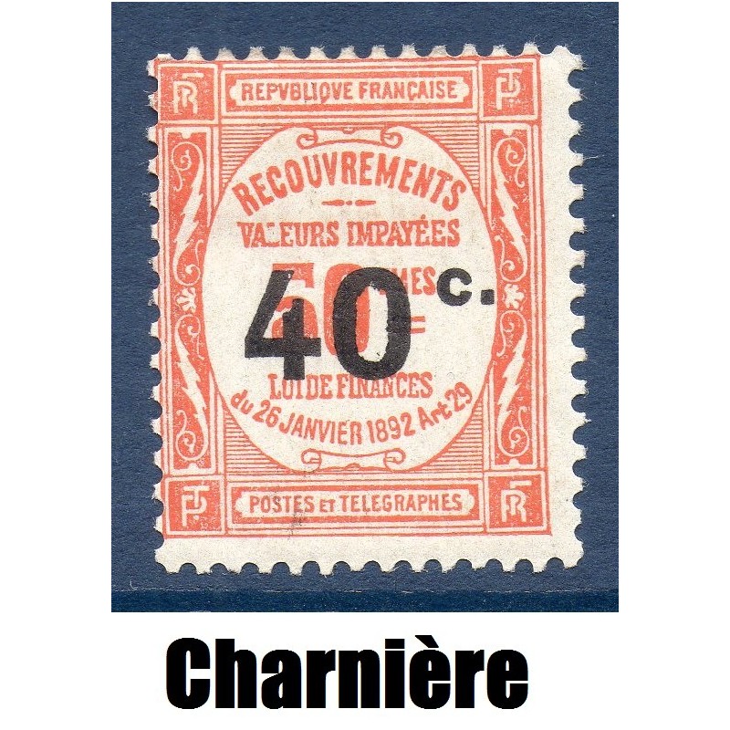 Timbre France Taxes Yvert 50 Type Recouvrement 40c sur 50c rouge neuf * avec trace de charnière